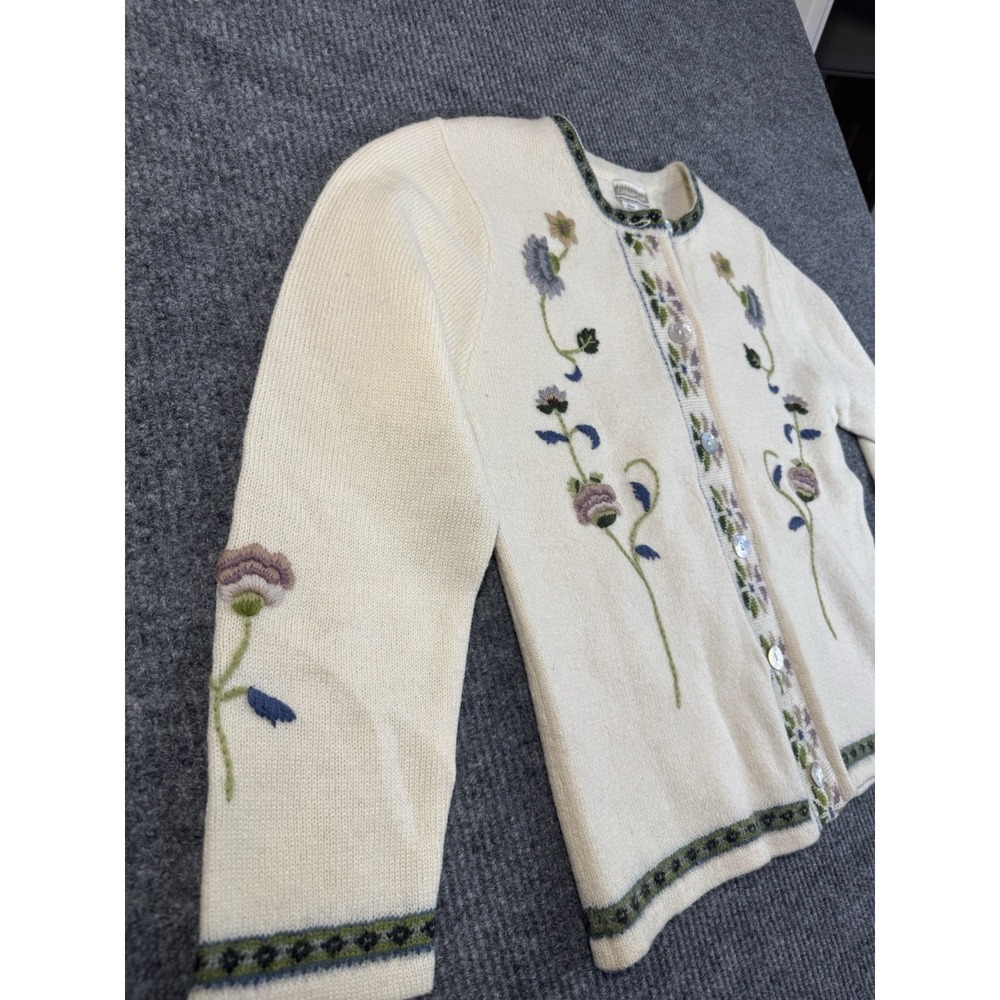 Coldwater Creek Ivory Floral Embroidered Knit Cardigan Sweater 100% Wool L Women - Picture 4 of 11